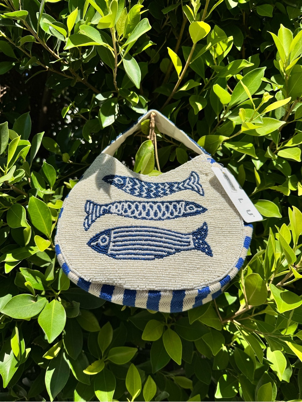 Lulu's Cream and Blue Beaded Fish Shoulder Bag